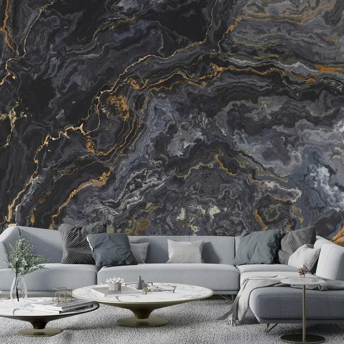 Black Marble Wallpaper: Gold Veins, Textured, Peel and Stick