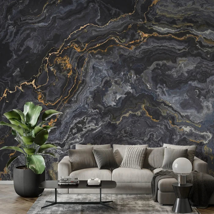 Black Marble Wallpaper: Gold Veins, Textured, Peel and Stick