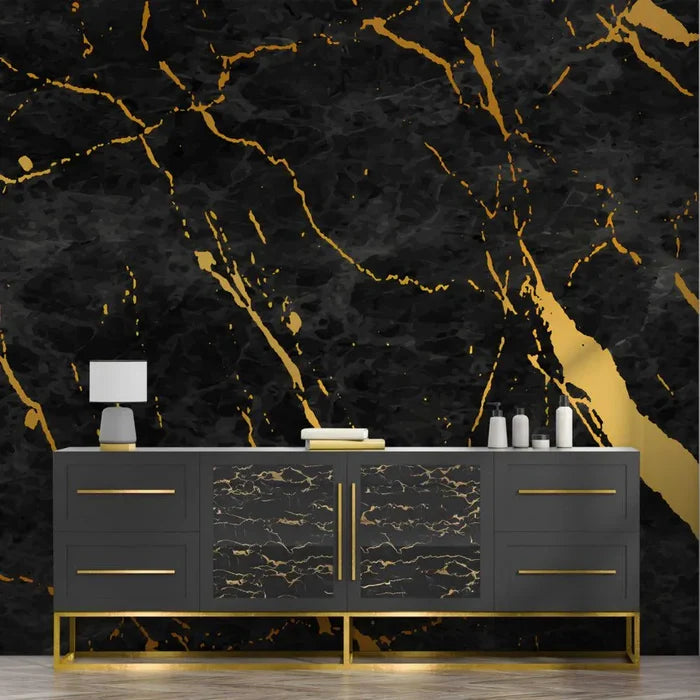 Black Marble Wallpaper with Gold Details - Peel and Stick Mural