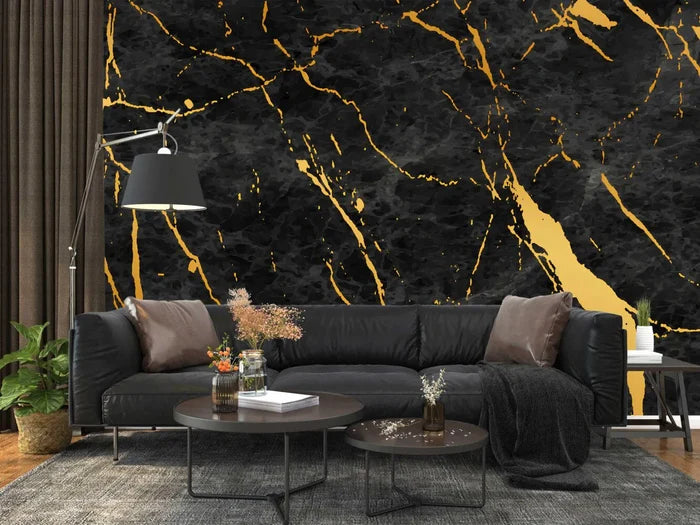 Black Marble Wallpaper with Gold Details - Peel and Stick Mural