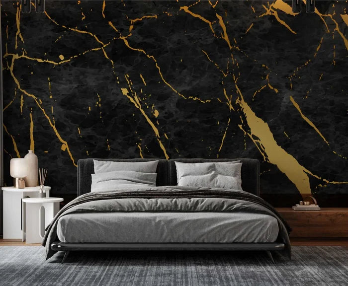 Black Marble Wallpaper with Gold Details - Peel and Stick Mural