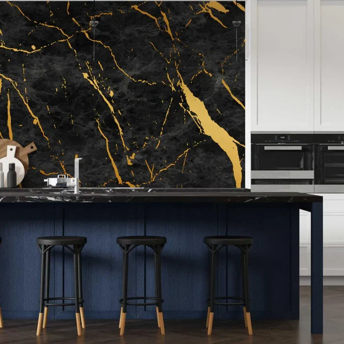 Black Marble Wallpaper with Gold Details - Peel and Stick Mural
