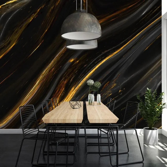 Black Marble Wallpaper with Gold Veins - Elegant Peel and Stick Wall Mural
