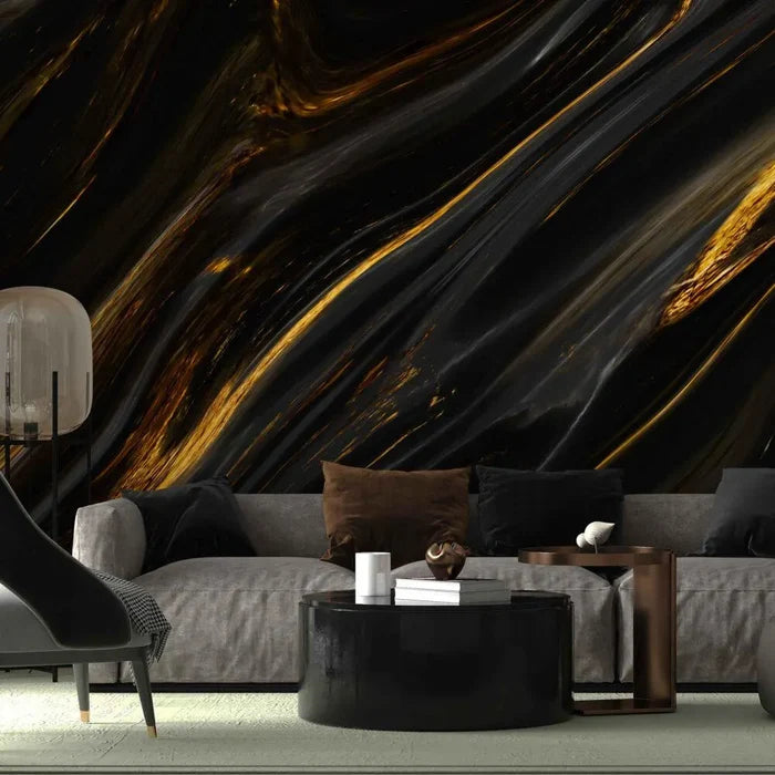 Black Marble Wallpaper with Gold Veins - Elegant Peel and Stick Wall Mural