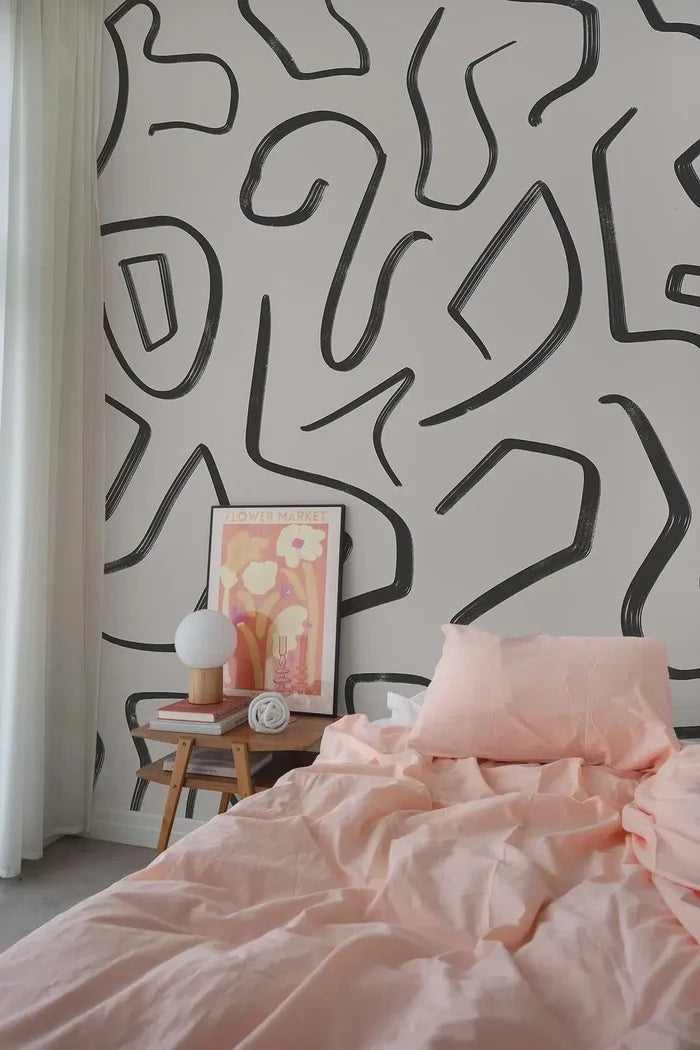 Black Stripes Abstract Wallpaper: Modern Beige Wall Decal