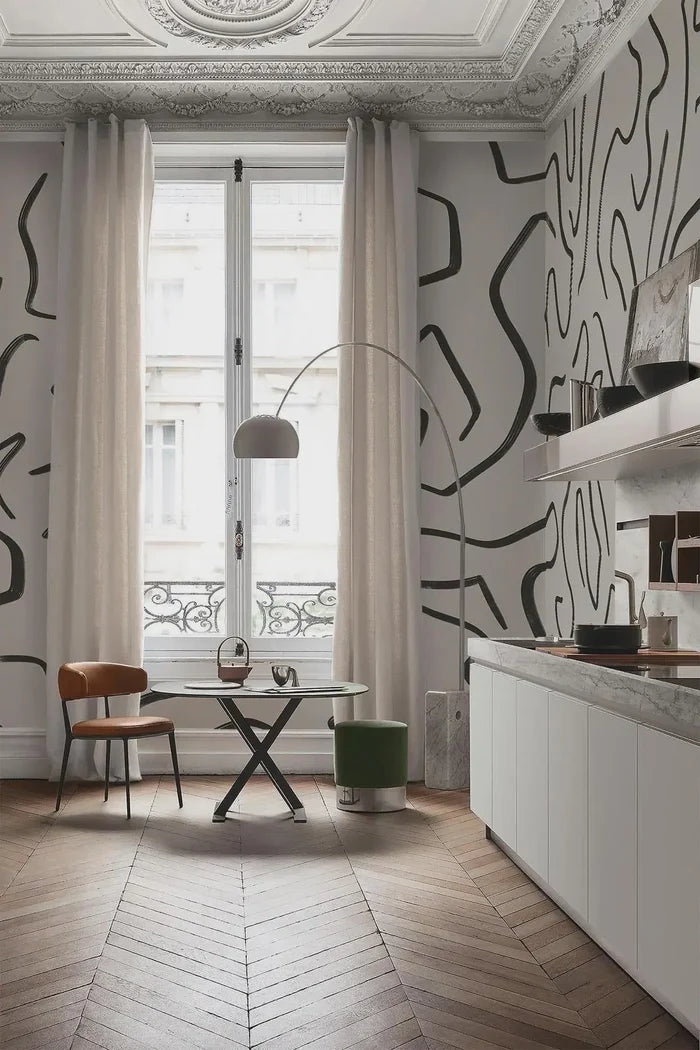 Black Stripes Abstract Wallpaper: Modern Beige Wall Decal