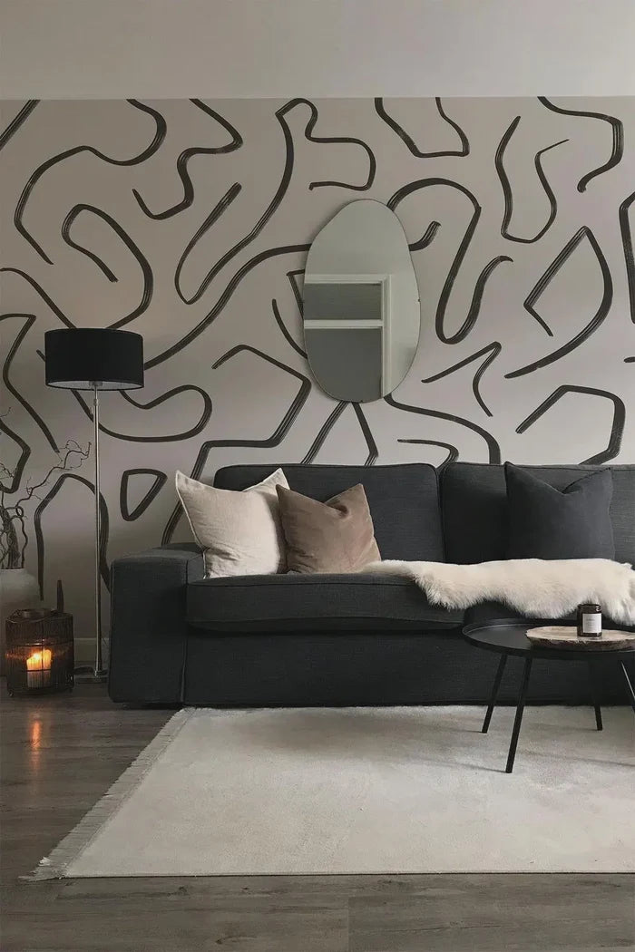 Black Stripes Abstract Wallpaper: Modern Beige Wall Decal