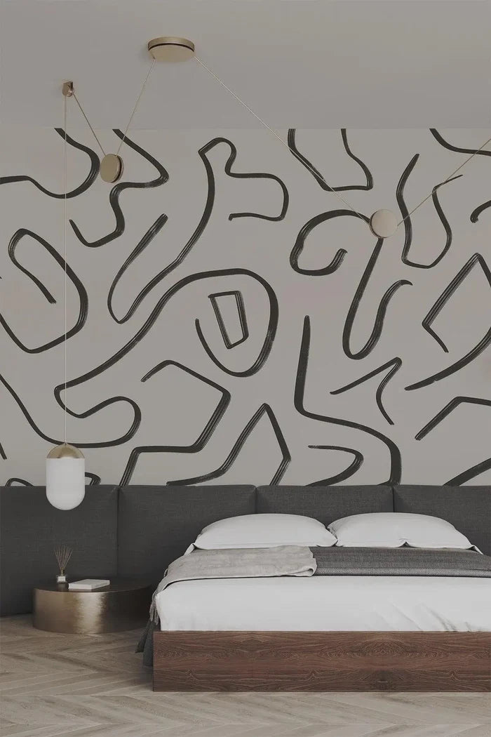Black Stripes Abstract Wallpaper: Modern Beige Wall Decal