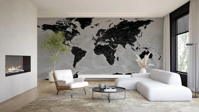 Black World Map Wallpaper: Art Deco Peel and Stick Wall Mural