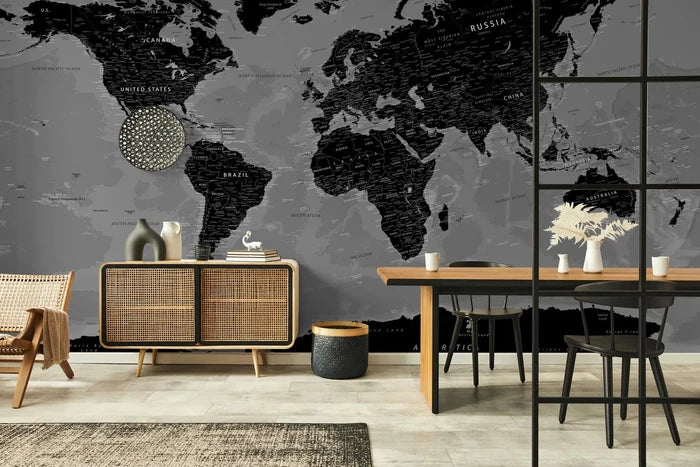 Black World Map Wallpaper: Art Deco Peel and Stick Wall Mural
