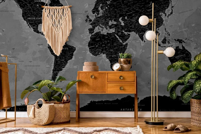 Black World Map Wallpaper: Art Deco Peel and Stick Wall Mural