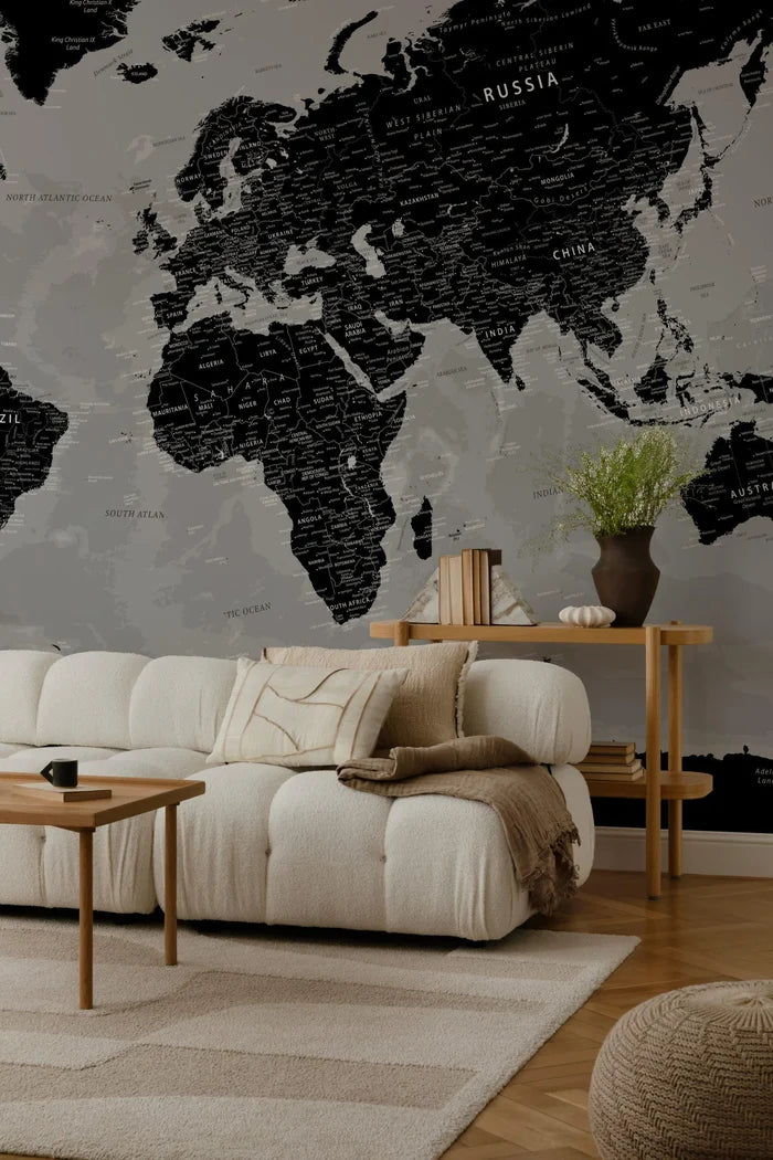 Black World Map Wallpaper: Art Deco Peel and Stick Wall Mural