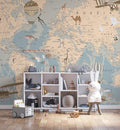 Blue & Beige World Map Wallpaper: Peel and Stick Office Wall Mural