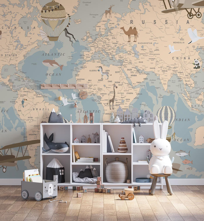 Blue & Beige World Map Wallpaper: Peel and Stick Office Wall Mural