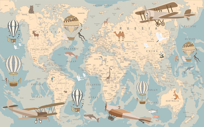 Blue & Beige World Map Wallpaper: Peel and Stick Office Wall Mural