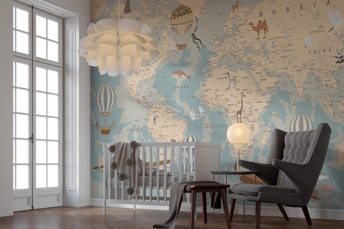 Blue & Beige World Map Wallpaper: Peel and Stick Office Wall Mural