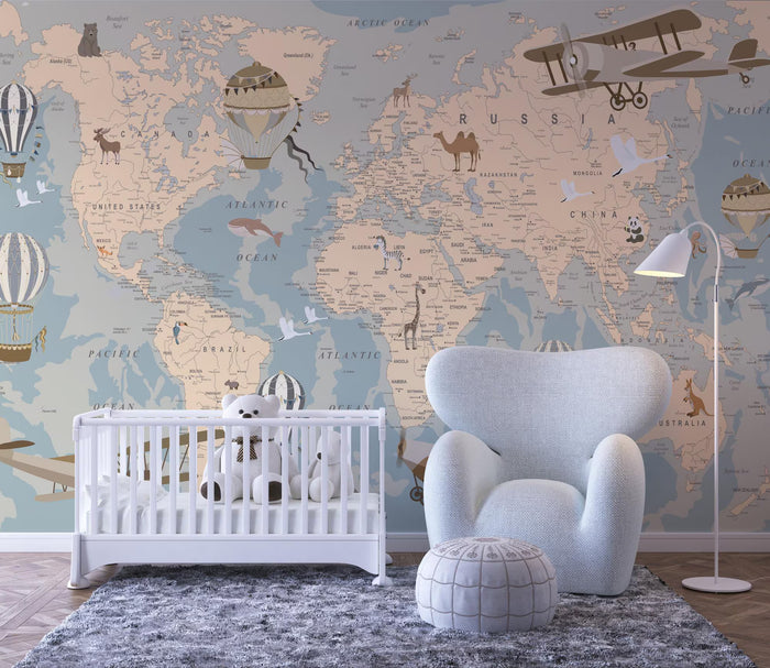 Blue & Beige World Map Wallpaper: Peel and Stick Office Wall Mural