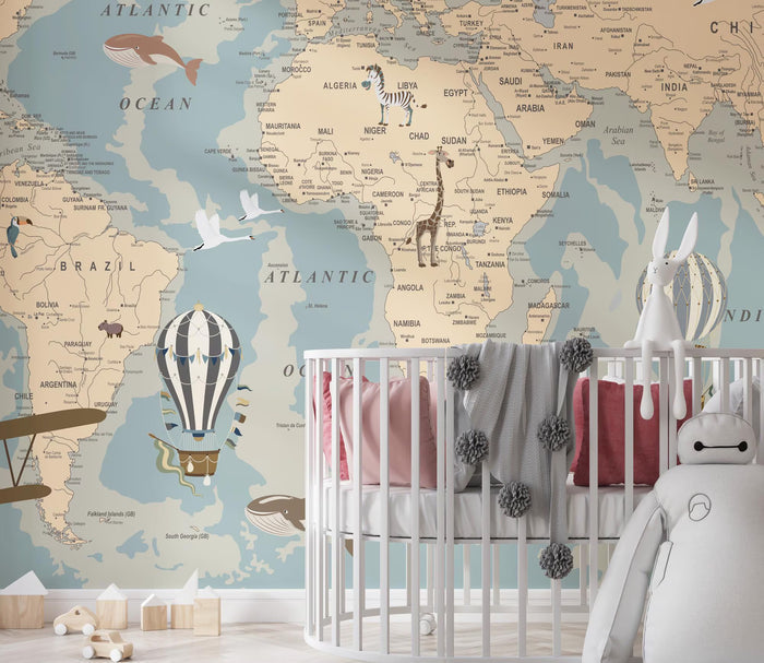 Blue & Beige World Map Wallpaper: Peel and Stick Office Wall Mural