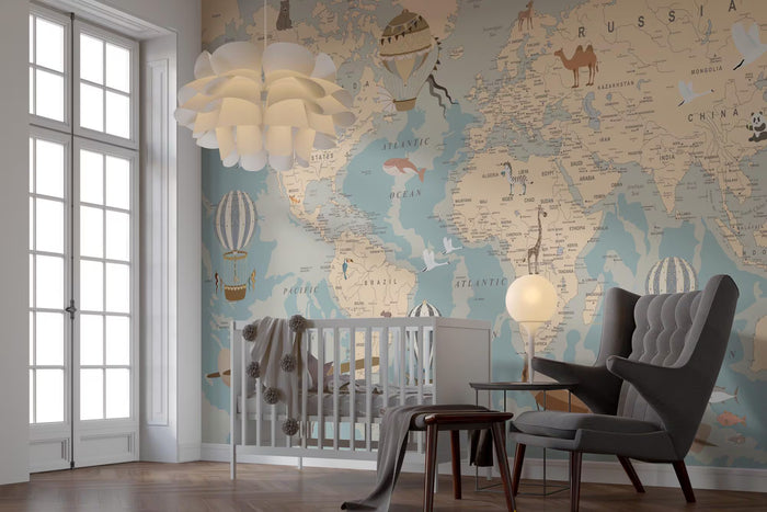 Blue & Beige World Map Wallpaper: Peel and Stick Office Wall Mural