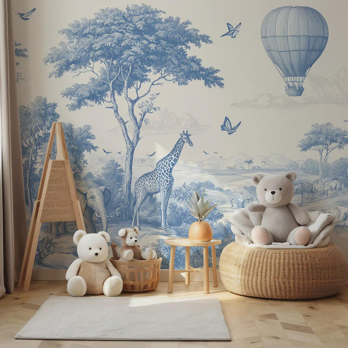 Blue Safari Children's Wallpaper - Boy Nursery Decor - Peel and Stick