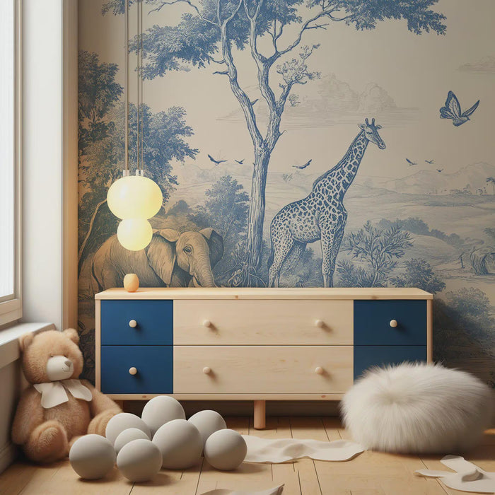 Blue Safari Children's Wallpaper - Boy Nursery Decor - Peel and Stick