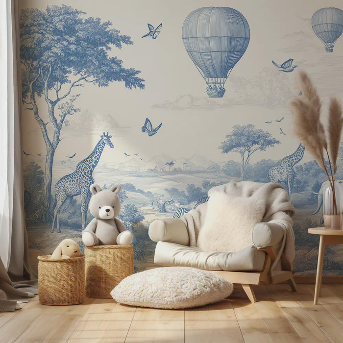 Blue Safari Children's Wallpaper - Boy Nursery Decor - Peel and Stick
