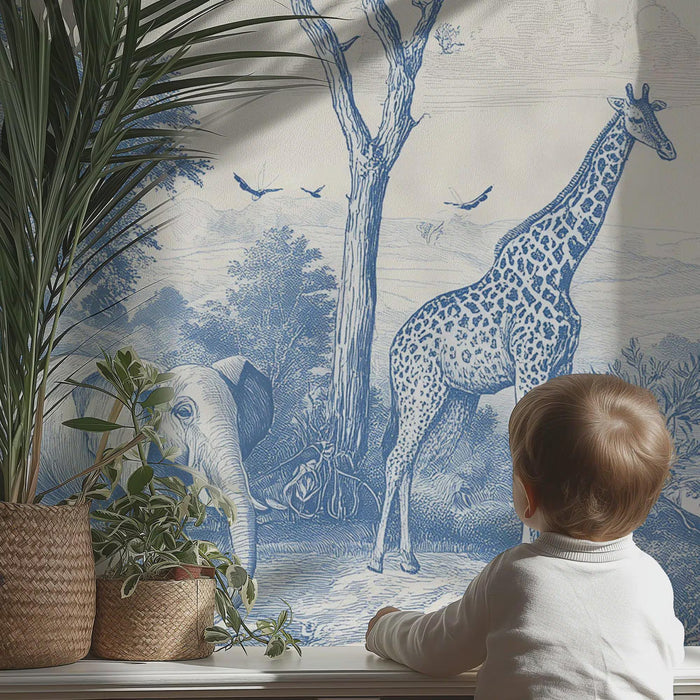 Blue Safari Children's Wallpaper - Boy Nursery Decor - Peel and Stick