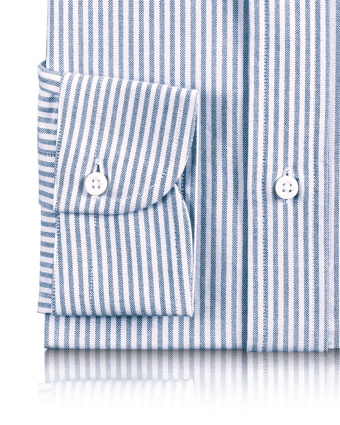 Cuff of the custom oxford shirt for men by Luxire in white with blue university stripes