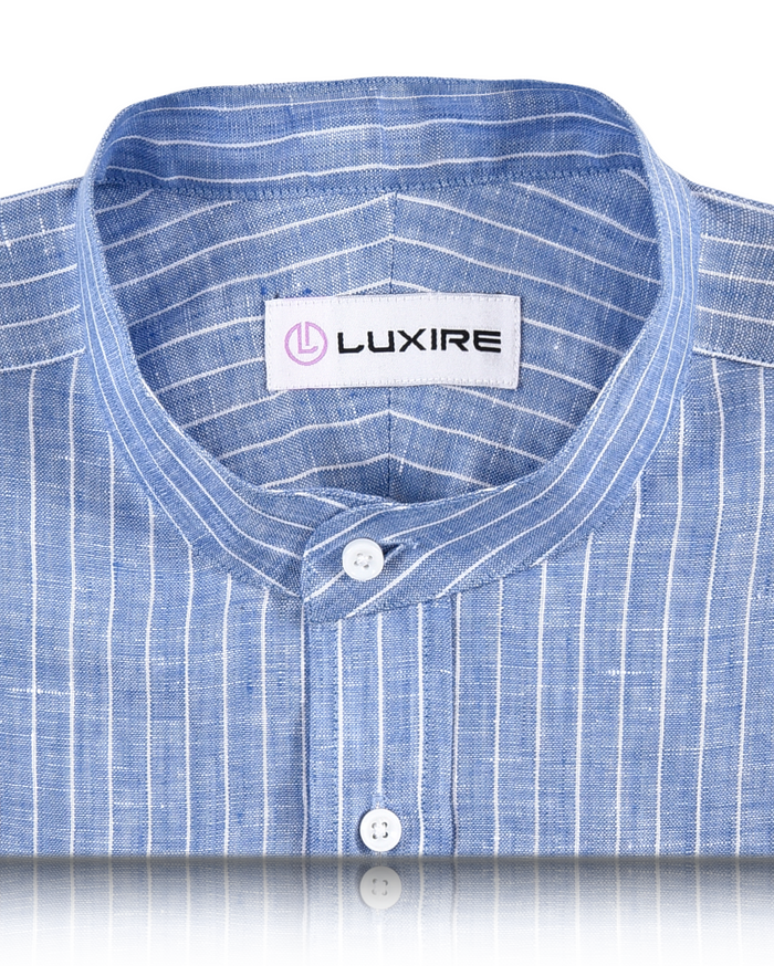 Collar of the custom linen shirt for men in blue with white chalk stripes by Luxire Clothing