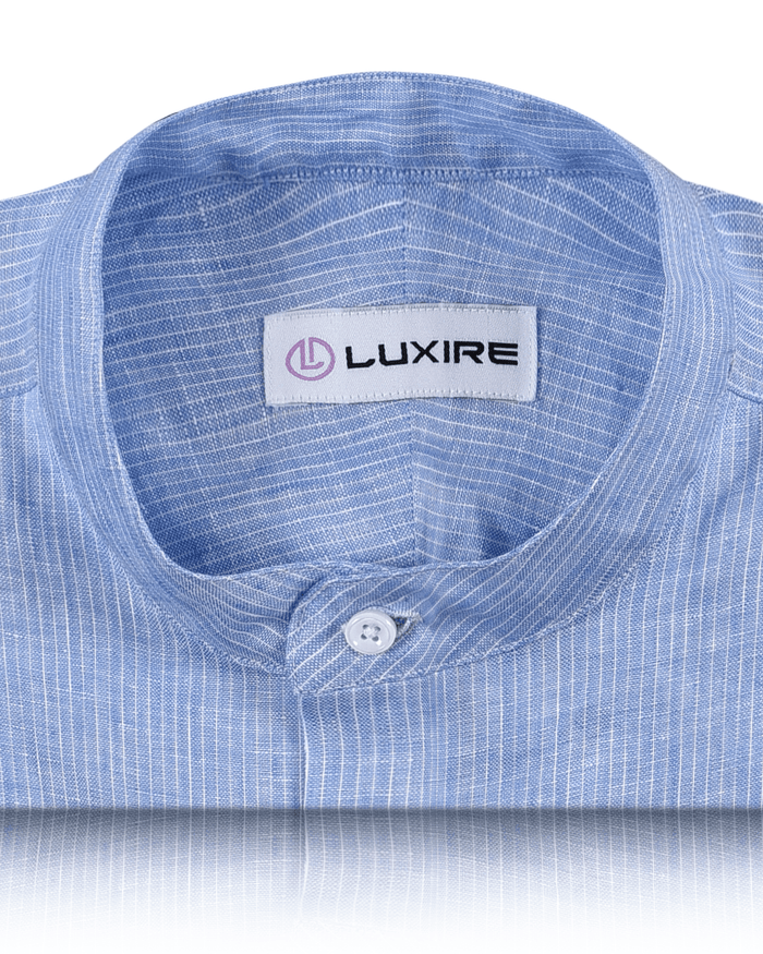 Collar of the custom linen shirt for men in white and blue stripes by Luxire Clothing