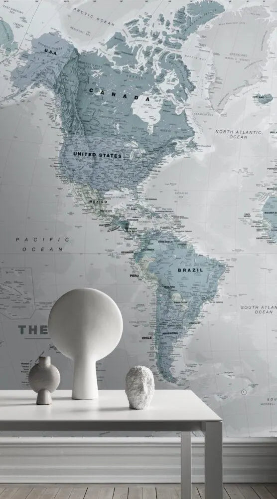 Blue World Map Wallpaper: Art Deco Peel and Stick Wall Mural