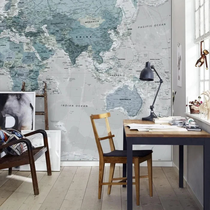 Blue World Map Wallpaper: Art Deco Peel and Stick Wall Mural