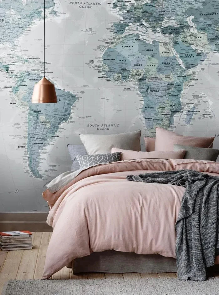 Blue World Map Wallpaper: Art Deco Peel and Stick Wall Mural