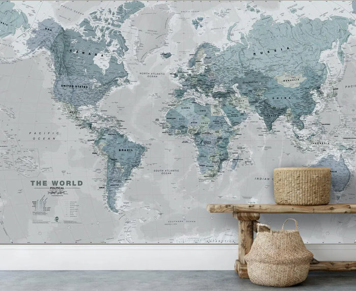 Blue World Map Wallpaper: Art Deco Peel and Stick Wall Mural