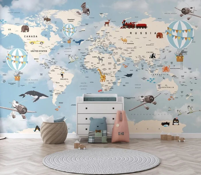 Blue World Map Wallpaper: Children's Nursery Decor, Political Map