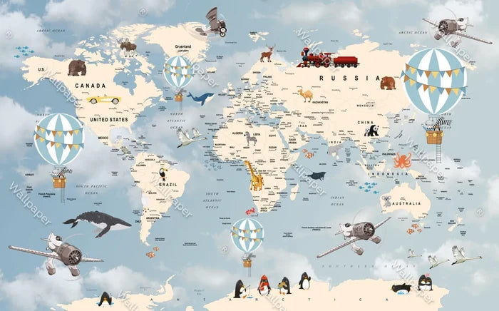 Blue World Map Wallpaper: Children's Nursery Decor, Political Map