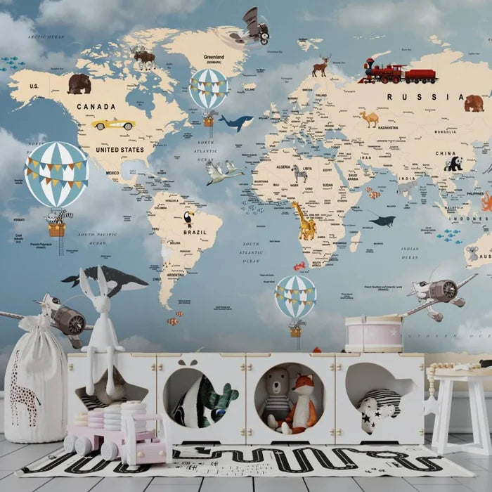 Blue World Map Wallpaper: Children's Nursery Decor, Political Map