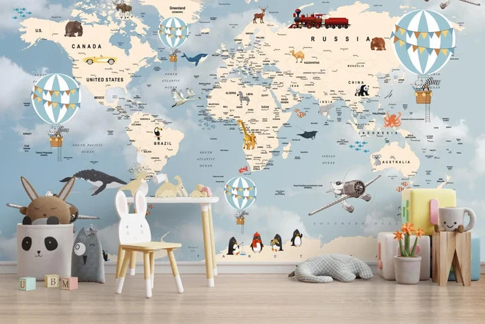 Blue World Map Wallpaper: Children's Nursery Decor, Political Map