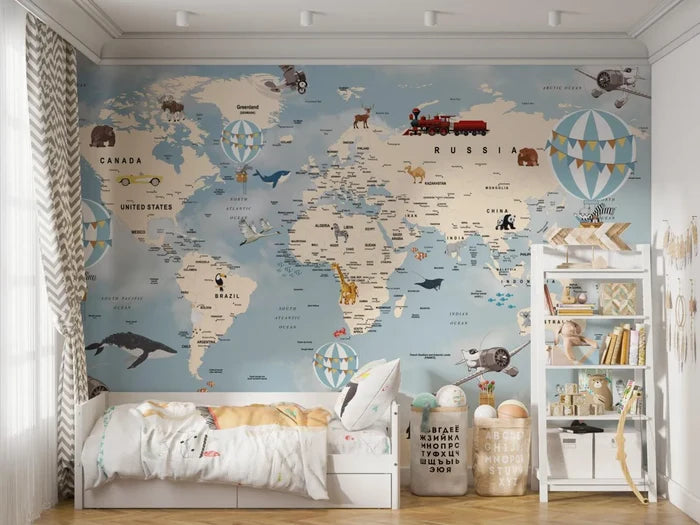 Blue World Map Wallpaper: Children's Nursery Decor, Political Map