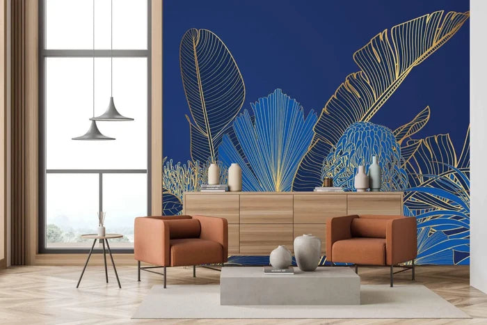 Botanical Living Room Wallpaper: Blue & Gold Tropical Leaf Design