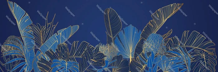 Botanical Living Room Wallpaper: Blue & Gold Tropical Leaf Design