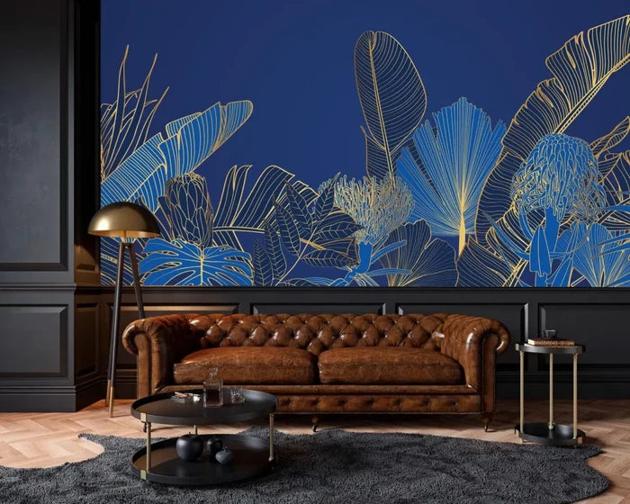 Botanical Living Room Wallpaper: Blue & Gold Tropical Leaf Design