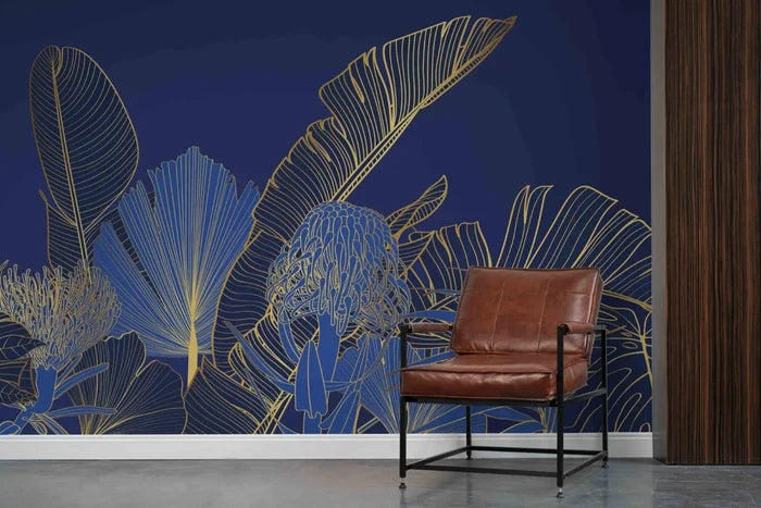 Botanical Living Room Wallpaper: Blue & Gold Tropical Leaf Design