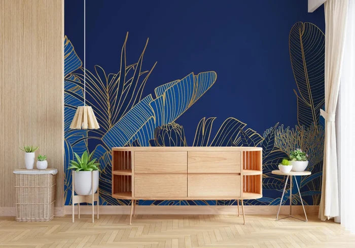 Botanical Living Room Wallpaper: Blue & Gold Tropical Leaf Design