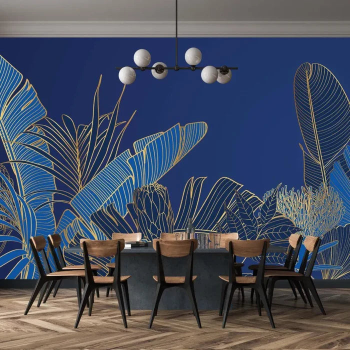 Botanical Living Room Wallpaper: Blue & Gold Tropical Leaf Design