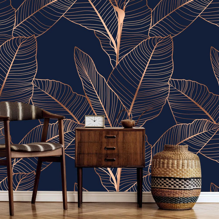 Bronze Leaf Wallpaper: Navy Blue Tropical Mural
