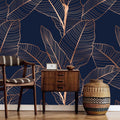 Bronze Leaf Wallpaper: Navy Blue Tropical Mural
