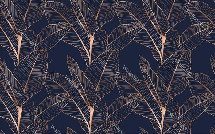 Bronze Leaf Wallpaper: Navy Blue Tropical Mural