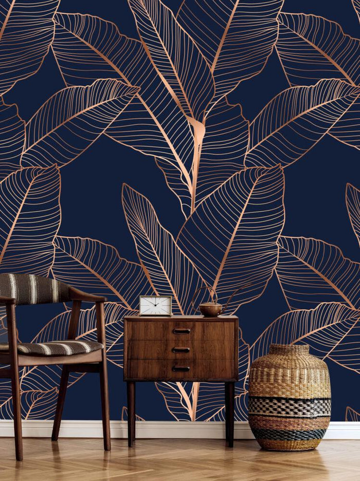 Bronze Leaf Wallpaper: Navy Blue Tropical Mural