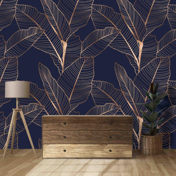 Bronze Leaf Wallpaper: Navy Blue Tropical Mural
